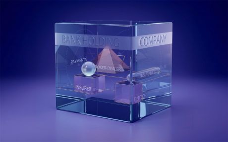 AI generated image of a glass square vessel with glass squares and pyramid inside with the words Bank Holding Company on the large vessel and insurer, fintech and broker-dealer on the small glass items inside it.