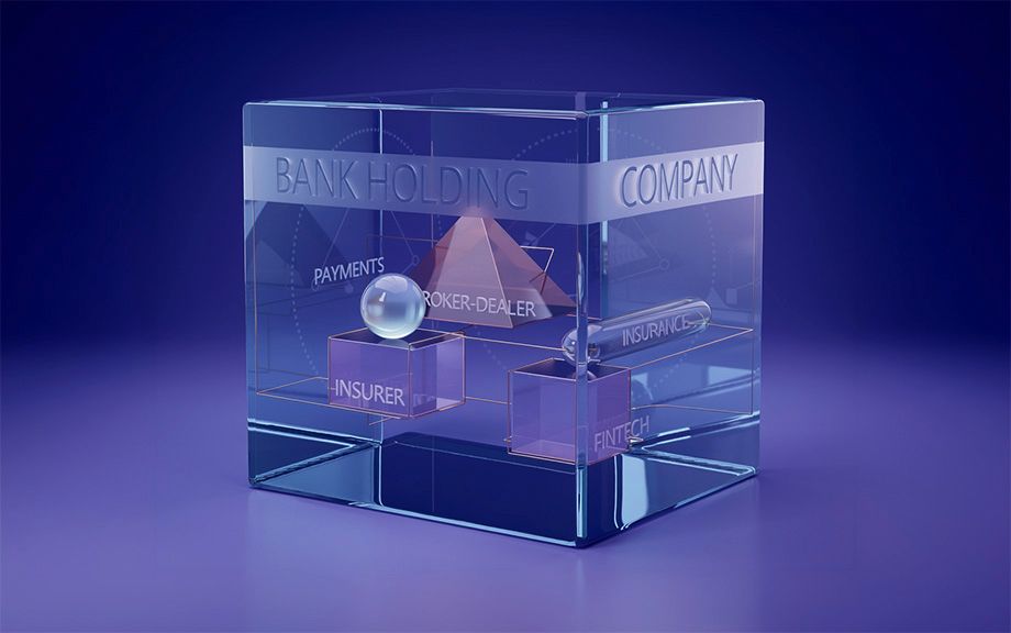 AI generated image of a glass square vessel with glass squares and pyramid inside with the words Bank Holding Company on the large vessel and insurer, fintech and broker-dealer on the small glass items inside it.