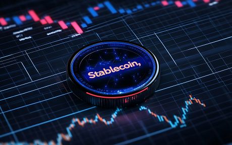 decorative image of bar chart and circle with stablecoin written on dark background.