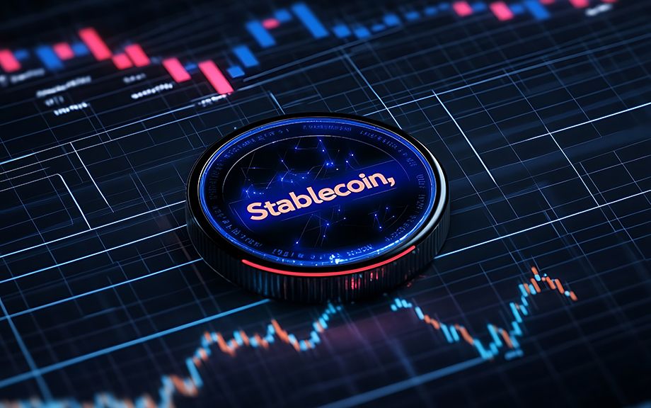 decorative image of bar chart and circle with stablecoin written on dark background.