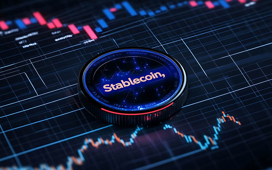 decorative image of bar chart and circle with stablecoin written on dark background.