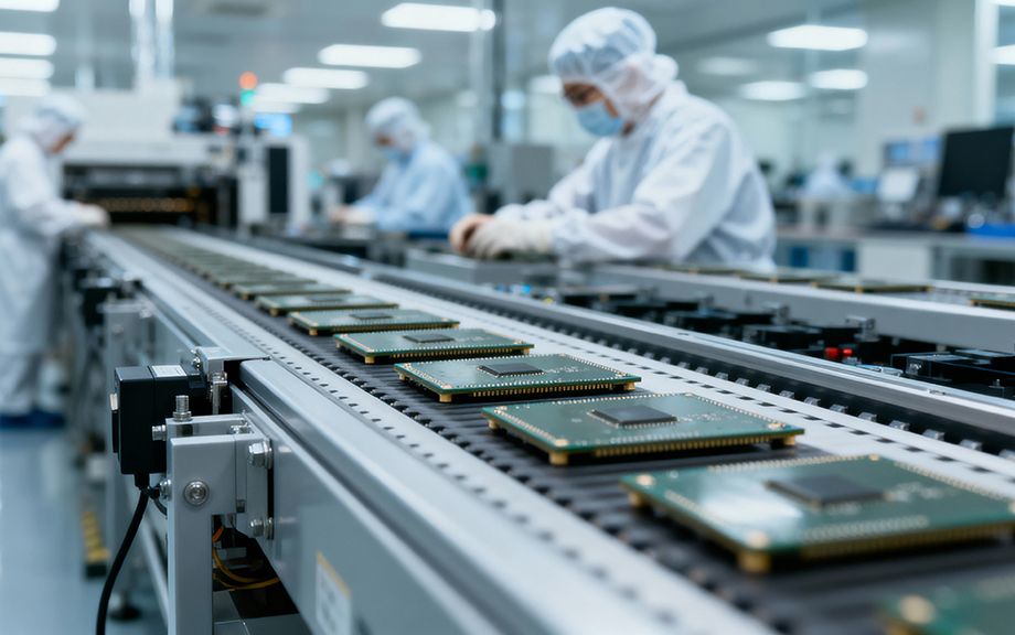 Workers on a production line in white protective gear assembling semiconductors on memory boards that are moving on a conveyor belt.