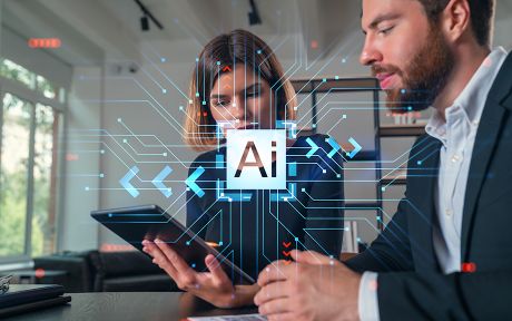 Businesspeople working together at office workplace. Concept of team work, business education, internet surfing, brainstorm, project information technology. Ai technology icons