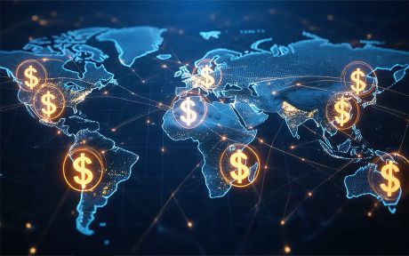 Decorative image of flattened globe with dollar signs