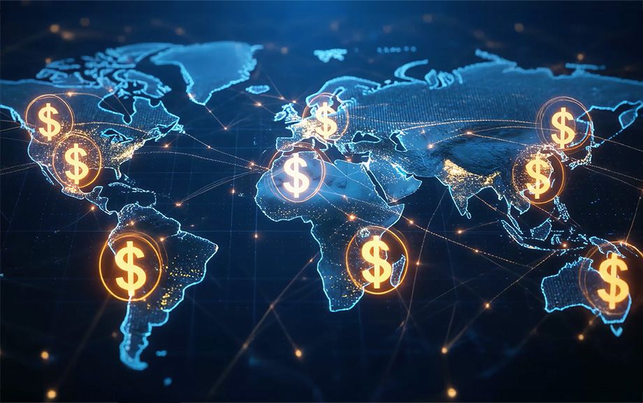 Decorative image of flattened globe with dollar signs