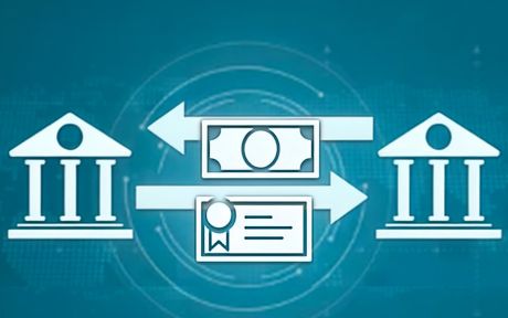 Illustration of two banks with a dollar bill and treasury notes going back and forth in between.