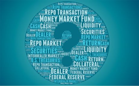 Illustration of a tag cloud in a circle with a large question mark. Some of the words are Federal Reserve, Dealer, Money Market Fund, Cash, Repo Market, Securities.