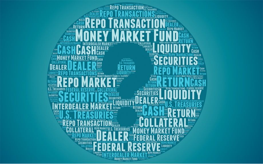 Illustration of a tag cloud in a circle with a large question mark. Some of the words are Federal Reserve, Dealer, Money Market Fund, Cash, Repo Market, Securities.