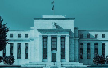photo of the federal reserve building in Washington D.C. colorized to a cyan.