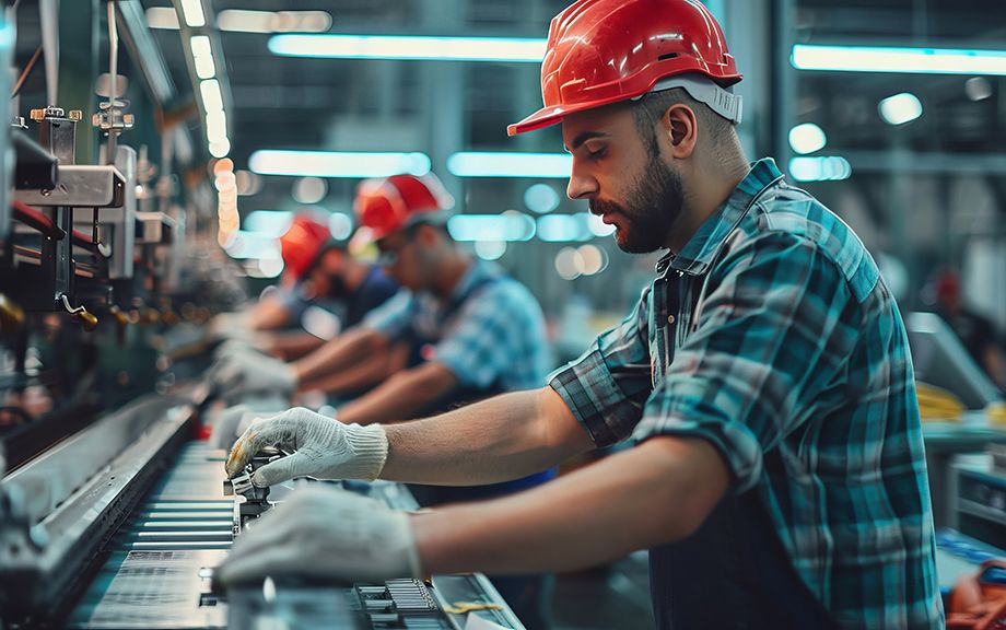 Assembly line workers adjusting machinery settings